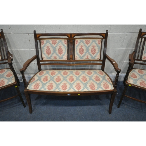 1298 - AN EDWARDIAN MAHOGANY AND INLAID THREE PIECE PARLOUR SUITE, comprising a two seater sofa, with open ... 