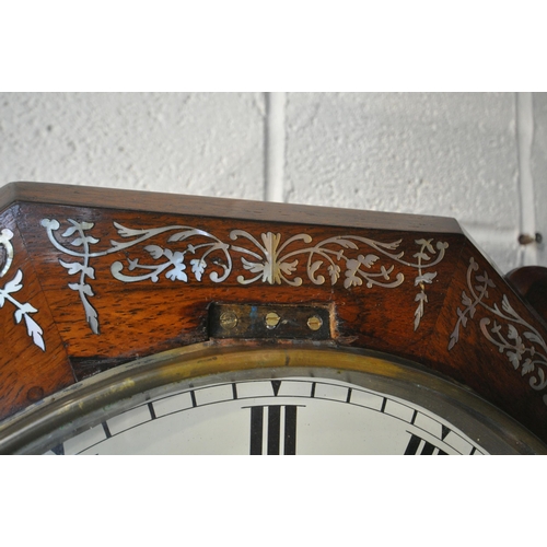 1306 - A 19TH CENTURY ROSEWOOD AND MOTHER OF PEARL INLAID OCTAGONAL DROP DIAL WALL CLOCK, with a single fus... 