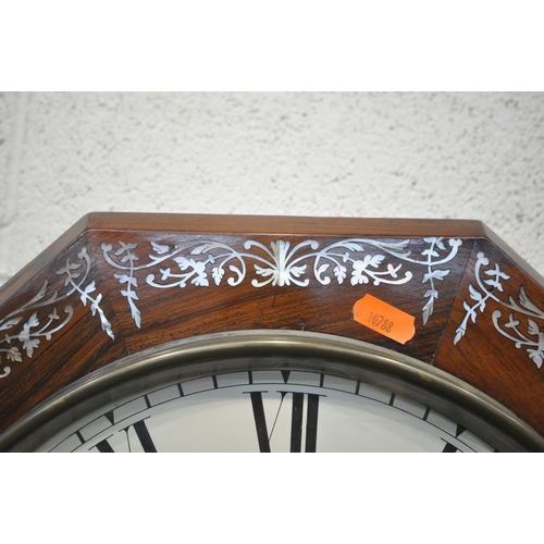 1306 - A 19TH CENTURY ROSEWOOD AND MOTHER OF PEARL INLAID OCTAGONAL DROP DIAL WALL CLOCK, with a single fus... 