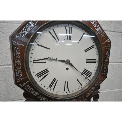 1306 - A 19TH CENTURY ROSEWOOD AND MOTHER OF PEARL INLAID OCTAGONAL DROP DIAL WALL CLOCK, with a single fus... 