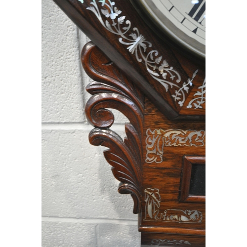 1306 - A 19TH CENTURY ROSEWOOD AND MOTHER OF PEARL INLAID OCTAGONAL DROP DIAL WALL CLOCK, with a single fus... 