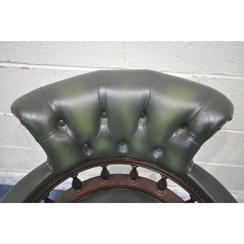 1321 - A REPRODUCTION GREEN LEATHER BOW TOP SWIVEL OFFICE CHAIR, width 63cm x depth 67cm x height 85cm (con... 