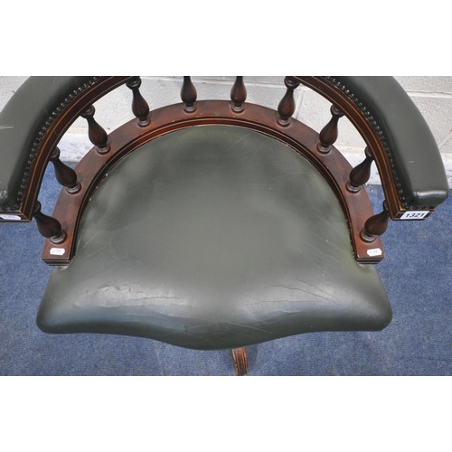 1321 - A REPRODUCTION GREEN LEATHER BOW TOP SWIVEL OFFICE CHAIR, width 63cm x depth 67cm x height 85cm (con... 