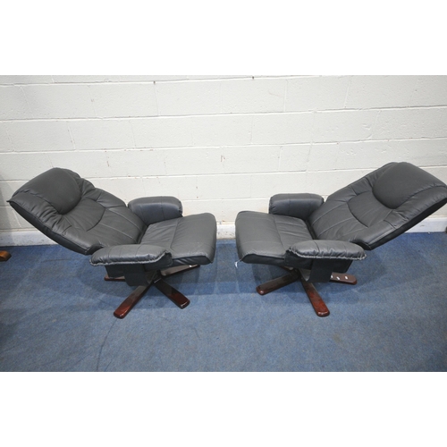 1325 - A PAIR OF BLACK LEATHER SWIVEL RECLINING ARMCHAIRS, width 79cm x depth 83cm x height 96cm (condition... 