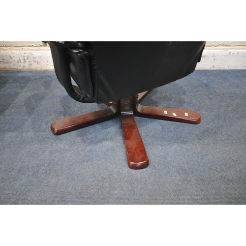 1325 - A PAIR OF BLACK LEATHER SWIVEL RECLINING ARMCHAIRS, width 79cm x depth 83cm x height 96cm (condition... 