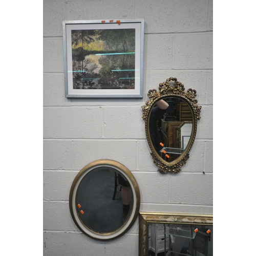 1328 - A RECTANGULAR BEVELLED EDGE WALL MIRROR, two gilt framed wall mirror, another mirror, along with fou... 