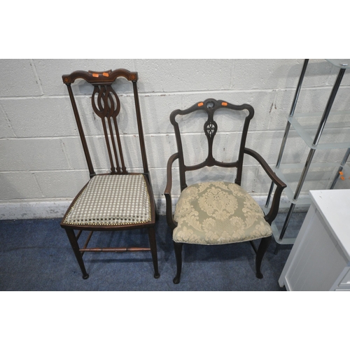 1329 - TWO EDWARDIAN MAHOGANY CHAIRS, a rectangular synthetic silk rug 148cm x 92cm, a glass four tier cabi... 