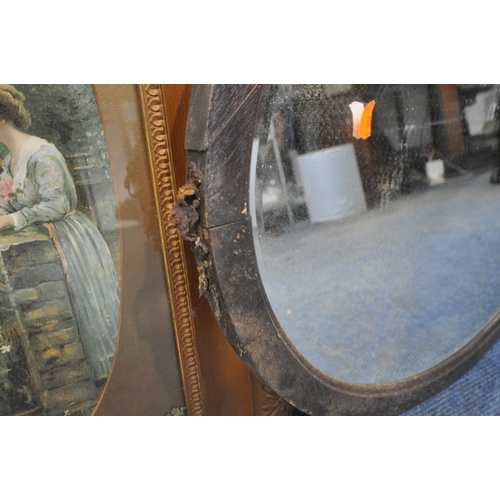 1331 - A GILT FRAMED RECTANGULAR BEVELLED EDGE WALL MIRROR, with two oval pictures, 103cm x 62cm, a dressin... 