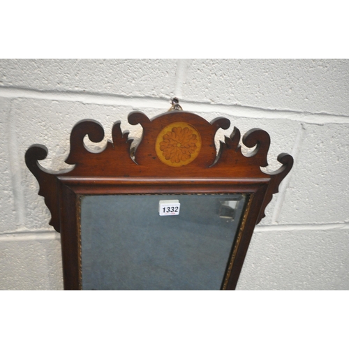 1332 - A 19TH CENTURY MAHOGANY AND INLAID FRETWORK BEVELLED EDGE WALL MIRROR, width 40cm x 67cm