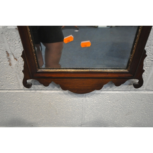 1332 - A 19TH CENTURY MAHOGANY AND INLAID FRETWORK BEVELLED EDGE WALL MIRROR, width 40cm x 67cm