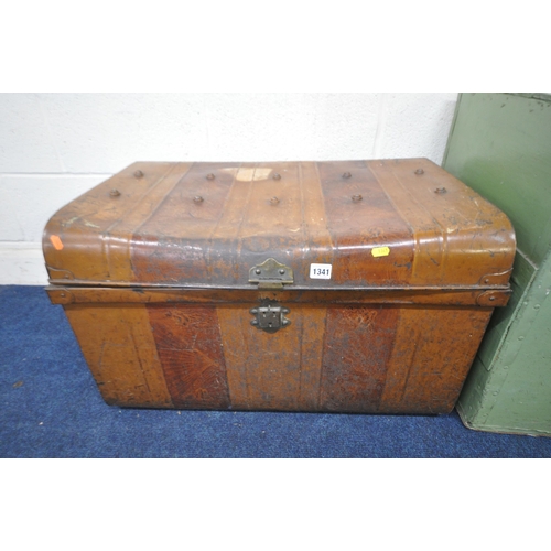 1341 - A VINTAGE METAL TRAVELING TRUNK, a green painted pine storage box, along with a green painted wicker... 