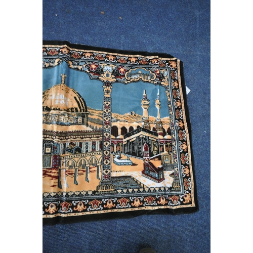 1346 - A SMALL RECTANGULAR WOOLEN TUNISIAN RUG, depicting a temple scene, 130cm x 86cm (condition report: o... 