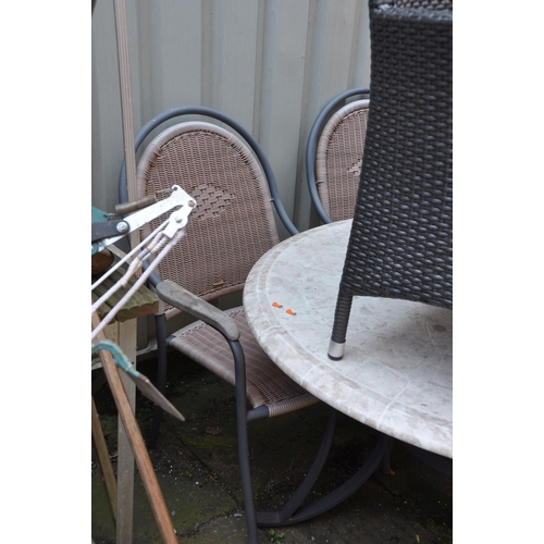 1016 - A METAL BASED GARDEN TABLE AND FOUR CHAIRS table has a tile effect plastic top (faded), chairs are t... 