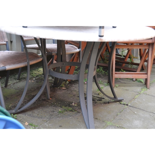 1016 - A METAL BASED GARDEN TABLE AND FOUR CHAIRS table has a tile effect plastic top (faded), chairs are t... 