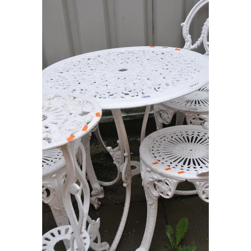 1021 - A WHITE PAINTED CAST ALUMINIUM GARDEN TABLE with a pierced fretwork circular top 68cm in diameter, a... 