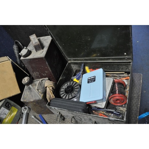 1058 - A BAG AND A METAL BOX CONTAINING AUTOMOTIVE TOOLS including a Talco socket set, a vintage oil can, a... 