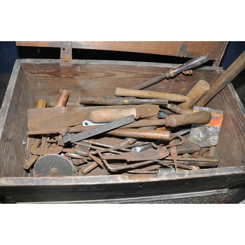 1064 - TWO VINTAGE WOODEN TOOL CHESTS CONTAINING TOOLS including spanners, files, mallets, pliers and snips... 