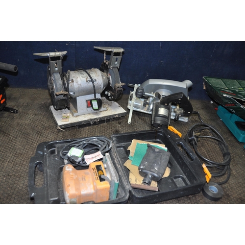 1074 - A COLLECTION OF POWER TOOLS including a Bosch Keo cordless saw, a Black and Decker P37 circular saw,... 