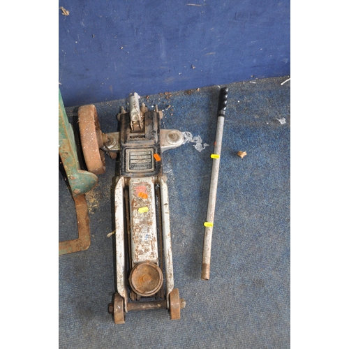 1114 - A HILKA 2 TONNE TROLLEY JACK WITH BAR and a vintage sack truck (2)