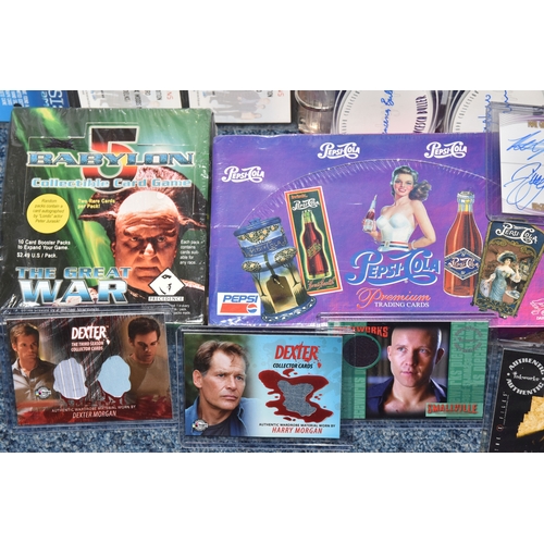 467 - FOUR BOXES OF TRADING CARDS, to include autographed cards: James Pickens Jr, Nicholas Lea, Bruce Har... 