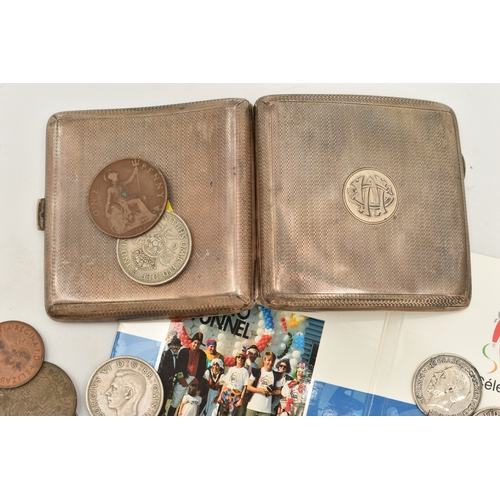 140 - A SILVER CIGARETTE CASE WITH COINS, square cigarette case with engine turned pattern and engraved mo... 