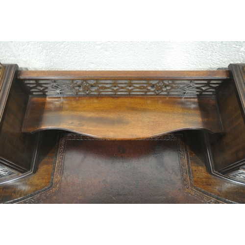 1201 - EDWARDS AND ROBERTS, AN EDWARDIAN MAHOGANY LADIES WRITING DESK, the raised back with brass galleries... 