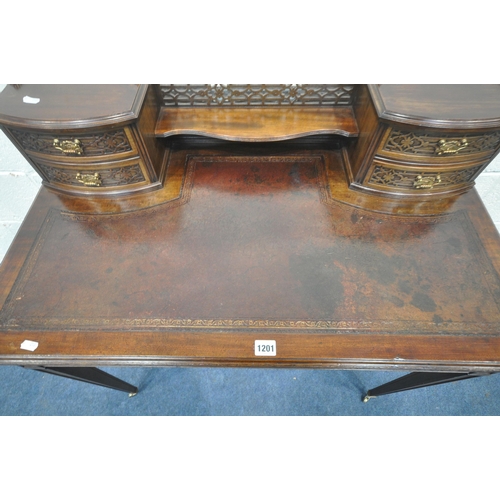 1201 - EDWARDS AND ROBERTS, AN EDWARDIAN MAHOGANY LADIES WRITING DESK, the raised back with brass galleries... 