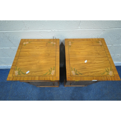 1202 - AN OPPOSING PAIR OF  EDWARDIAN SATINWOOD BEDSIDE CABINETS, fitted with a single drawer and cupboard ... 