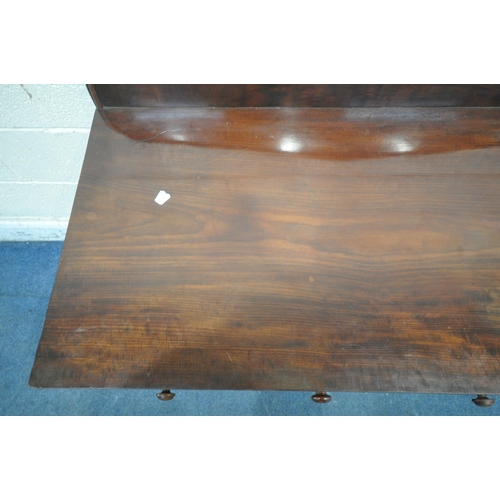 1203 - A VICTORIAN MAHOGANY SIDE TABLE, with a raised back, a single frieze drawers and two dummy drawer, r... 