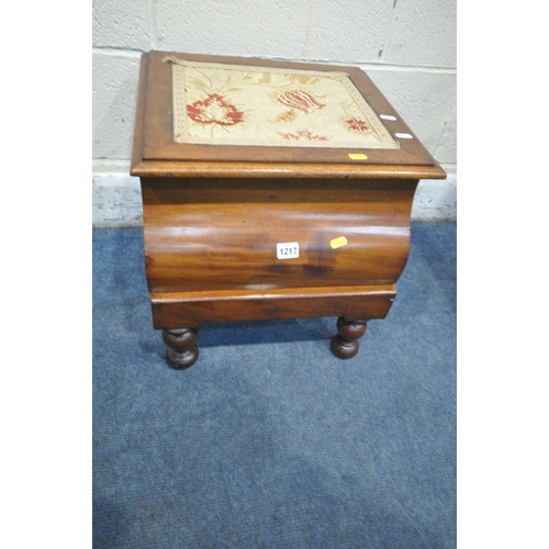 1217 - A VICTORIAN MAHOGANY COMMODE, the hinged lid enclosing a ceramic pot, a pull out foot rest, raised o... 