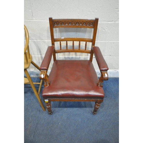 1240 - A 20TH CENTURY OAK CHAIR, with burgundy leather upholstery, a child's high chair and two other chair... 