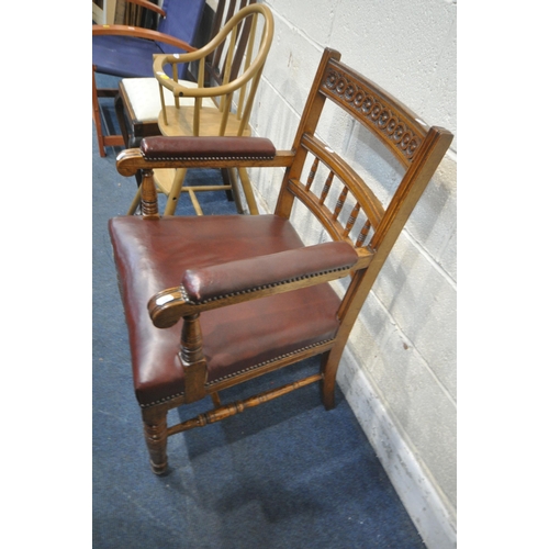 1240 - A 20TH CENTURY OAK CHAIR, with burgundy leather upholstery, a child's high chair and two other chair... 