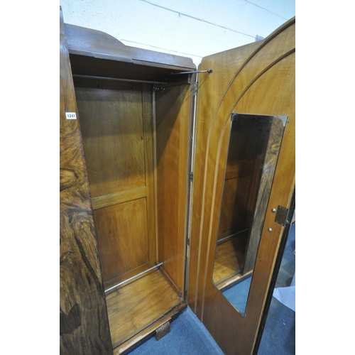 1241 - AN ART DECO BURR WALNUT FOUR PIECE BEDROOM SUITE, comprising a double door wardrobe, width 119cm x d... 