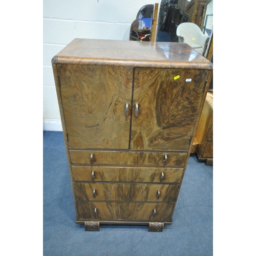 1241 - AN ART DECO BURR WALNUT FOUR PIECE BEDROOM SUITE, comprising a double door wardrobe, width 119cm x d... 