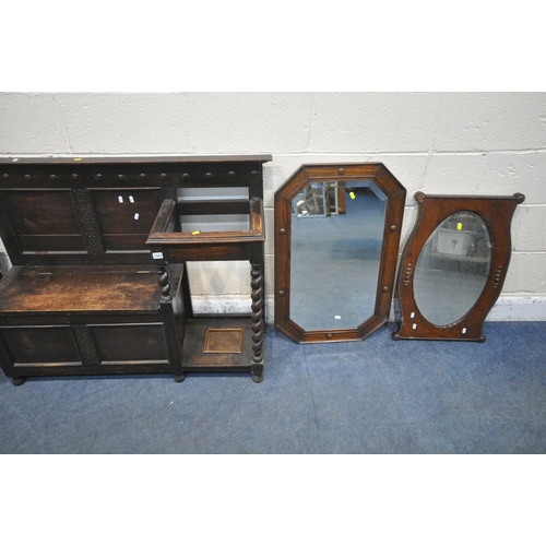 1243 - A 20TH CENTURY OAK TELEPHONE TABLE, with a hinged seat, barley twist support, and drip tray, two wal... 