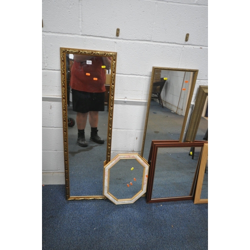 1277 - A RECTANGULAR GILT FRAME WALL MIRROR, 124cm x 36cm, two other rectangular mirror, three smaller mirr... 