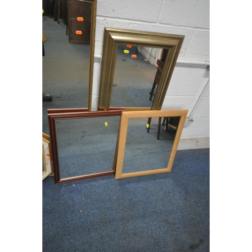 1277 - A RECTANGULAR GILT FRAME WALL MIRROR, 124cm x 36cm, two other rectangular mirror, three smaller mirr... 