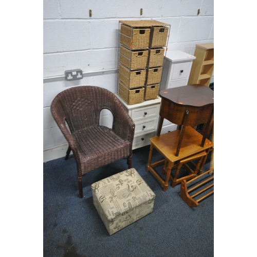 1284 - A LARGE SELECTION OF OCCASIONAL FURNITURE, to include a wicker chair, a pair of wicker four drawer c... 