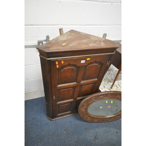 1291 - AN EARLY 20TH CENTURY OAK HANGING CORNER CUPBOARD, width 70cm x depth 37cm x height 107cm, a coffee ... 