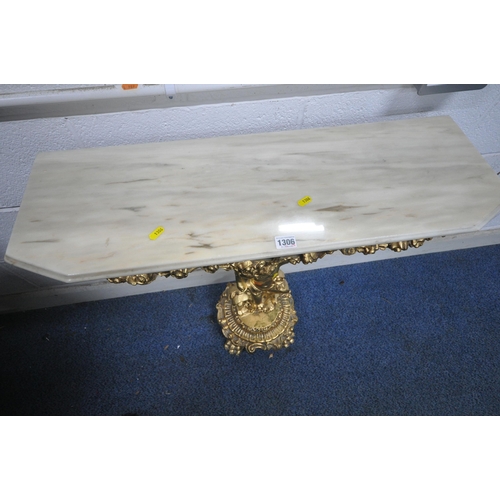 1306 - A GILT RESIN MARBLE TOP CONSOLE TABLE, in the form of a boy in robes, with foliate details, raised o... 