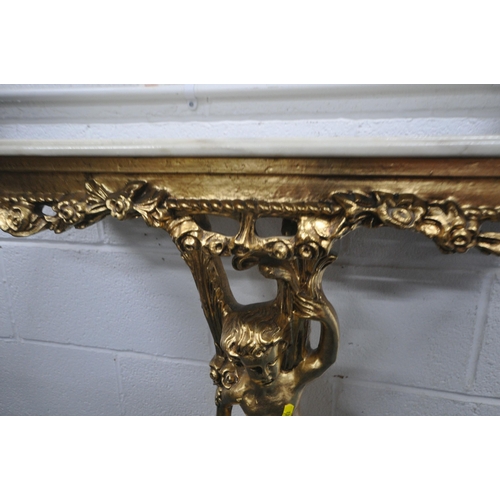 1306 - A GILT RESIN MARBLE TOP CONSOLE TABLE, in the form of a boy in robes, with foliate details, raised o... 