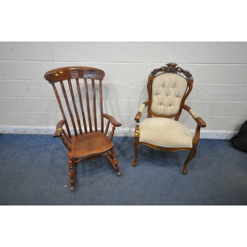 1351 - A REPRODUCTION VICTORIAN STYLE ARMCHAIR, with shaped crest, and open armrests, along with a rocking ... 