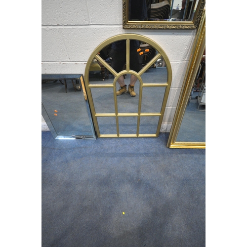 1352 - A LARGE GILT FRAME RECTANGULAR BEVELED EDGE WALL MIRROR, 118cm x 91cm, an arched mirror, a frameless... 