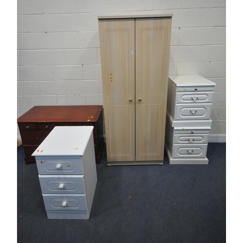 1353 - A MODERN DOUBLE DOOR WARDROBE, width 74cm x depth 54cm x height 185cm, a pair of two drawer bedside ... 