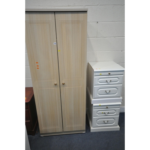 1353 - A MODERN DOUBLE DOOR WARDROBE, width 74cm x depth 54cm x height 185cm, a pair of two drawer bedside ... 