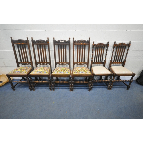 1355 - A SET OF FOUR 20TH CENTURY OAK CHAIRS, with beige and foliate drop in seat pads, along with a pair o... 