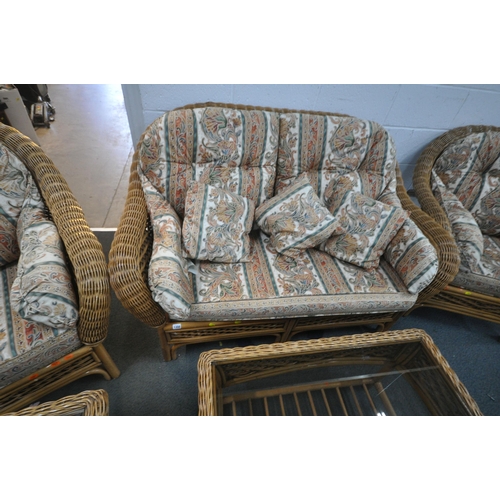 1356 - A WICKER FIVE PIECE CONSERVATORY SUITE, comprising a two seater sofa, a pair of armchairs, along wit... 