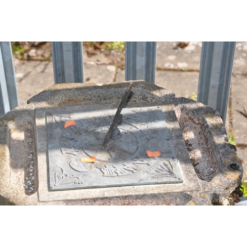 1016 - A SANDFORD STONE BRASS SUNDIAL ON COMPOSITE BRICK EFFECT BASE 64cm high and another base