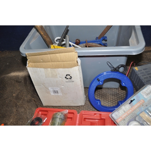 1064 - THREE BOXES CONTAINING AUTOMOTIVE AND OTHER TOOLS including a Clarke Diagnostic meter, a battery cha... 