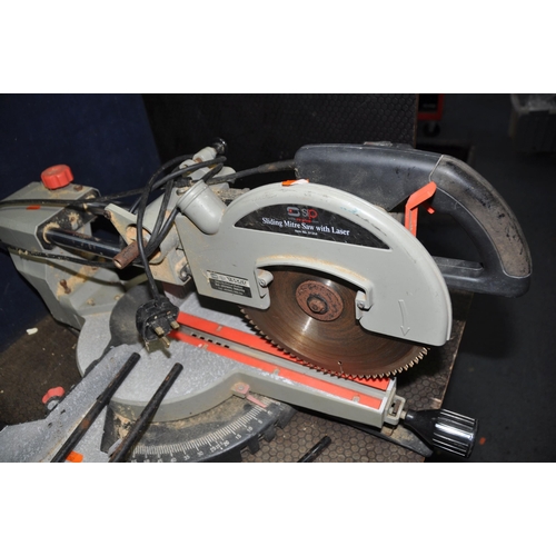 1065 - A SIP COMPOUND MITRE SAW with 9in blade but no bottom blade guard, laser doesn't appear to work, alo... 